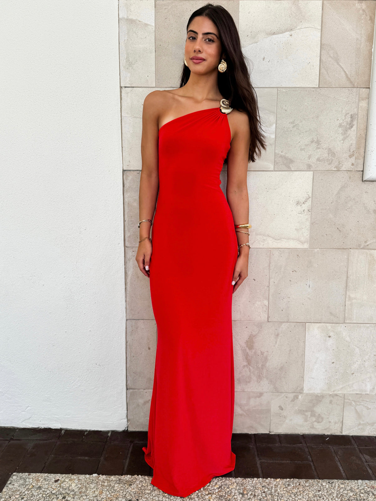 red one shoulder dress High Tide One Shoulder Maxi Dress