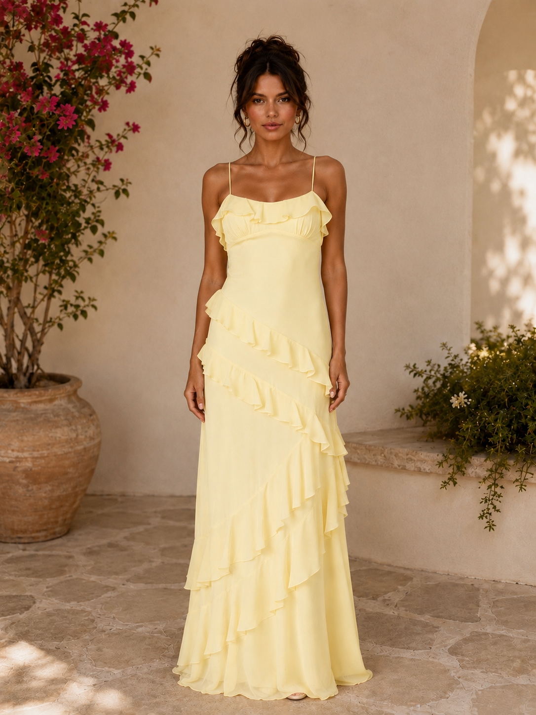 ruffle maxi dress yellow Gaia Ruffle Maxi Dress Lemon / M